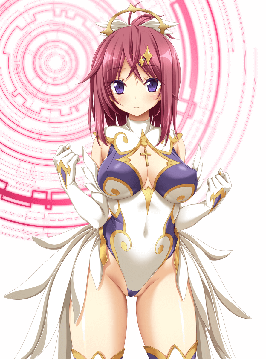 1girl bangs breasts cow cowboy_shot cross eyebrows_visible_through_hair highres koku large_breasts leotard levi_(realive) long_hair looking_at_viewer official_art photoshop_(medium) realive redhead smile solo thigh-highs transparent_background violet_eyes w_arms