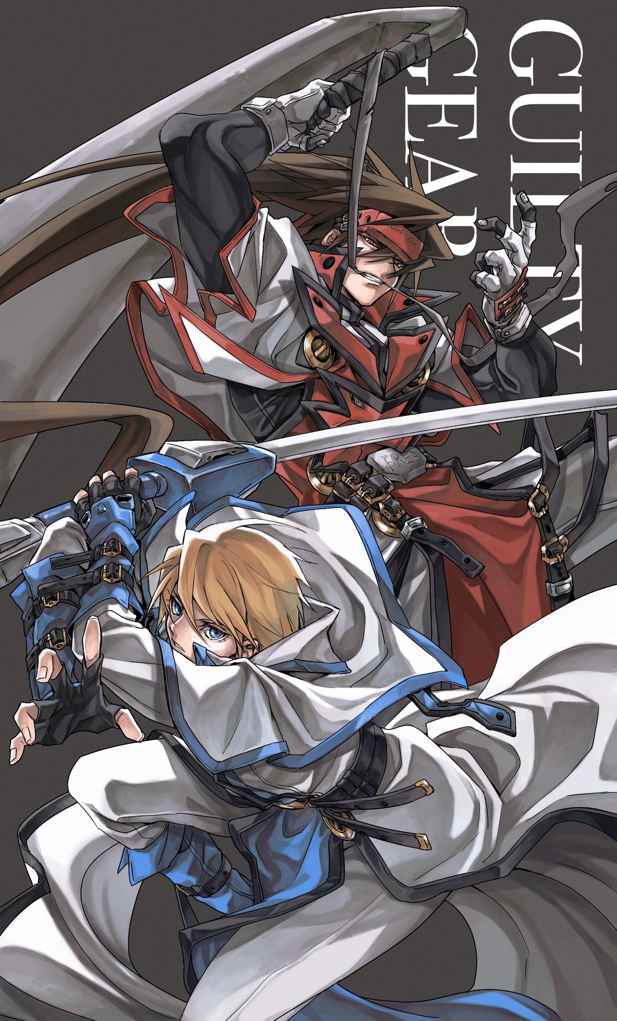 2boys belt blonde_hair blue_eyes brown_eyes brown_hair copyright_name dong_hole english_text fingerless_gloves gloves guilty_gear guilty_gear_xx headband highres holding holding_weapon huge_weapon ky_kiske long_hair male_focus multiple_belts multiple_boys order-sol ponytail short_hair sword weapon