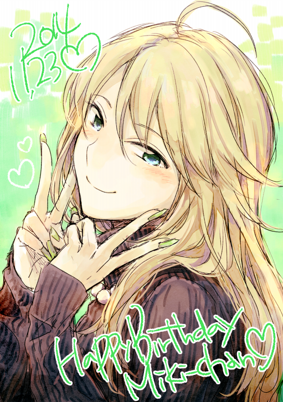 1girl 2014 ahoge bangs black_sweater blonde_hair blue_eyes character_name closed_mouth dated eyebrows_visible_through_hair green_nails hair_between_eyes happy_birthday hoshii_miki idolmaster idolmaster_(classic) long_hair long_sleeves nail_polish nogoodlife ribbed_sweater smile solo sweater turtleneck turtleneck_sweater upper_body