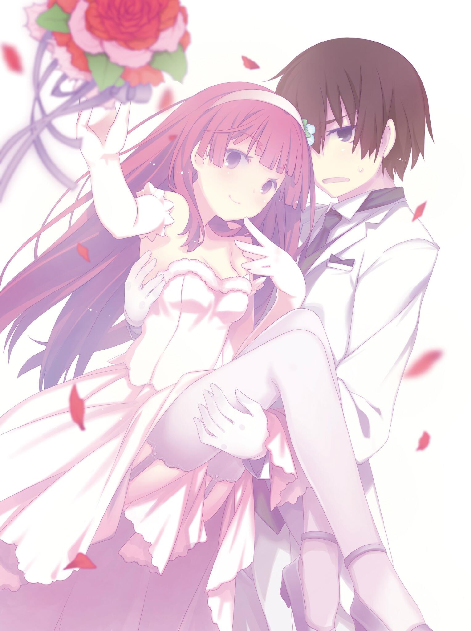 1boy 1girl bare_shoulders blurry blurry_foreground blush bouquet_toss bride brown_hair carrying closed_mouth couple cover_image dress elbow_gloves eyebrows_visible_through_hair flower fuyuumi_ai garter_straps gloves groom hair_flower hair_ornament hairband hetero highres jpeg_artifacts kidou_eita legs long_hair looking_at_viewer novel_illustration official_art ore_no_kanojo_to_osananajimi_ga_shuraba_sugiru petals pink_hair princess_carry ruroo simple_background smile strapless strapless_dress textless thigh-highs upskirt violet_eyes wedding_dress white_background white_dress white_gloves white_hairband