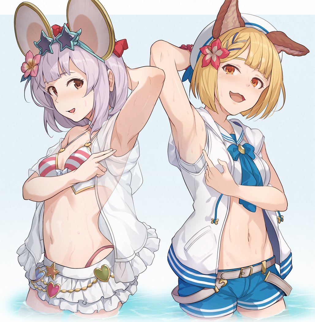 2girls animal_ears arm_up armpits arms_behind_head arms_up bangs bare_shoulders blush dog_ears dog_girl dog_tail erune fake_animal_ears granblue_fantasy hinami_(hinatamizu) looking_at_viewer mouse_ears multiple_girls navel red_eyes smile star-shaped_eyewear stomach swimsuit tail vajra_(granblue_fantasy) vikala_(granblue_fantasy)