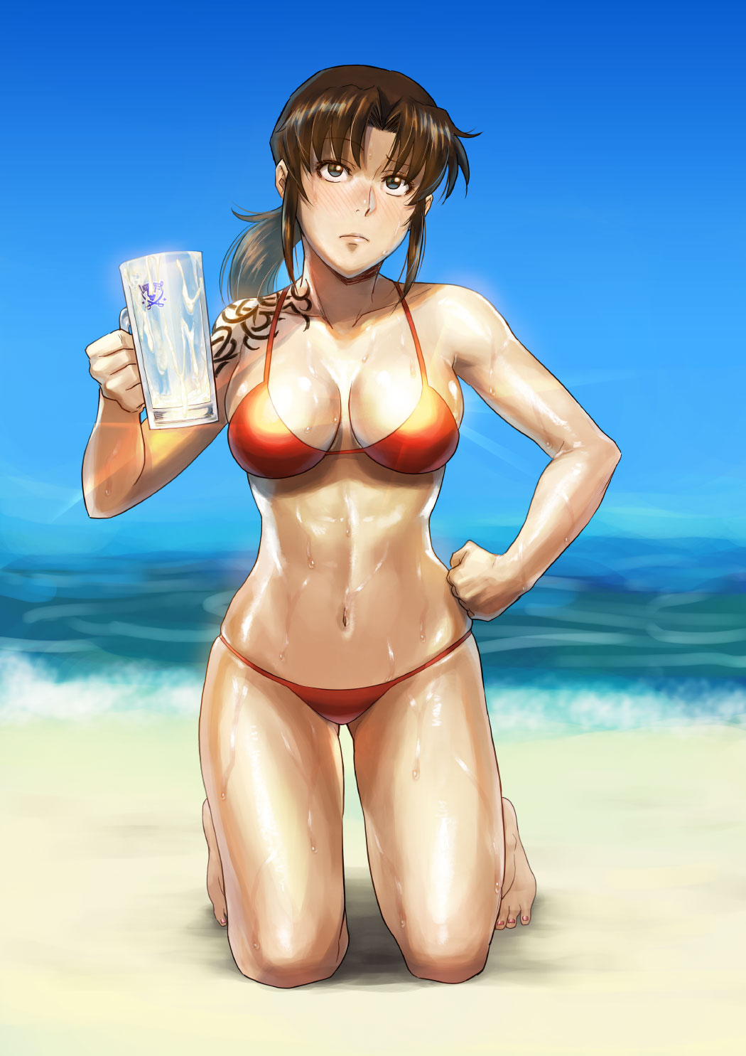 1girl azasuke beach beer_mug bikini black_lagoon blue_sky breasts brown_hair clenched_hand cup day hand_on_hip highres holding holding_cup kneeling long_hair mug navel ocean outdoors ponytail red_bikini revy_(black_lagoon) sky solo sweat swimsuit tattoo wet