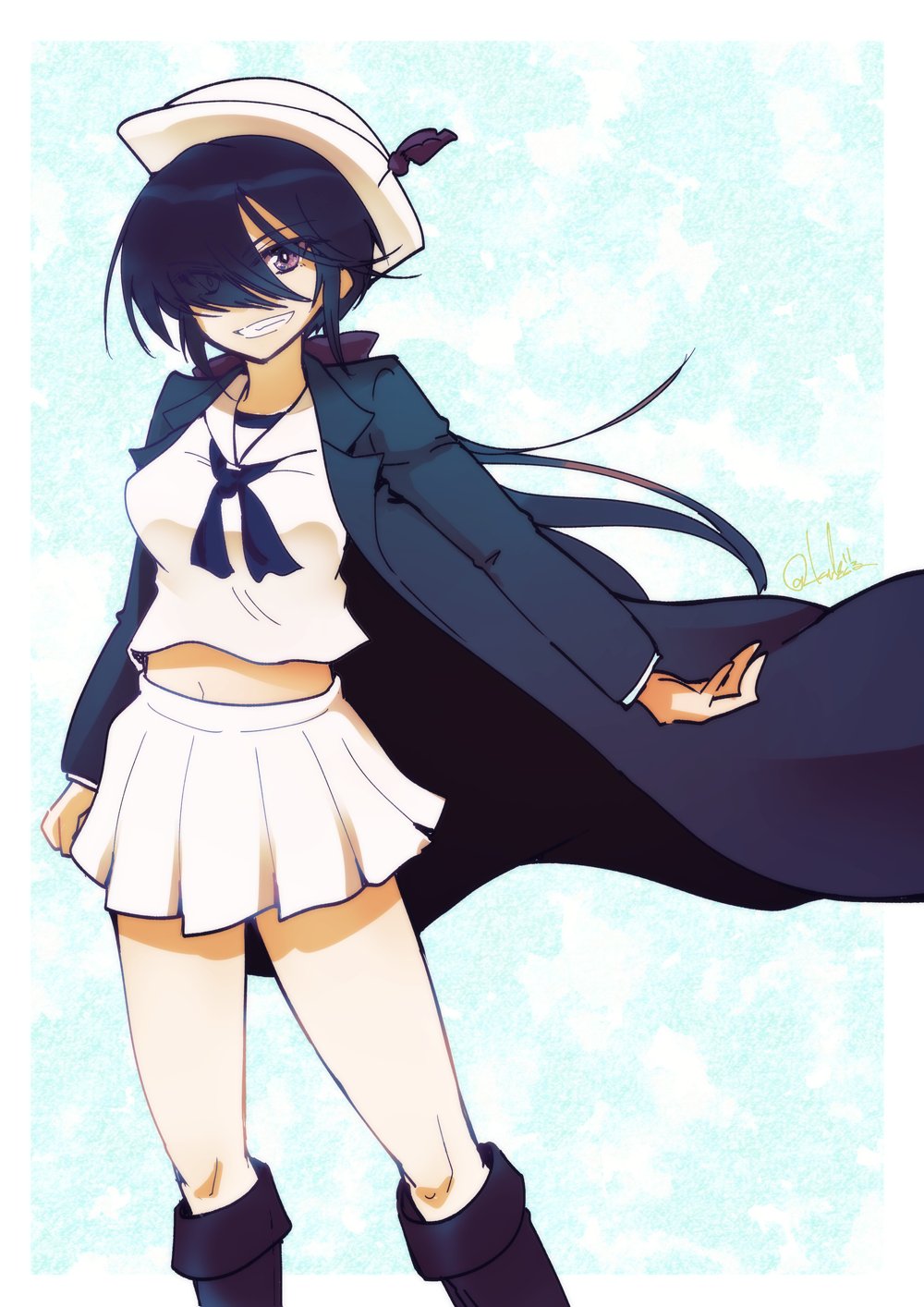 1girl artist_name bangs black_coat black_eyes black_footwear black_hair black_neckwear blouse boots bow coat commentary crocroxxx dark_skin dixie_cup_hat girls_und_panzer grin hair_bow hair_over_one_eye hat hat_feather highres knee_boots long_coat long_hair long_sleeves looking_at_viewer midriff military_hat miniskirt navel neckerchief ogin_(girls_und_panzer) ooarai_naval_school_uniform open_clothes open_coat open_mouth pipe pleated_skirt ponytail red_bow sailor sailor_collar school_uniform signature simple_background skirt smile solo standing white_background white_blouse white_headwear white_skirt