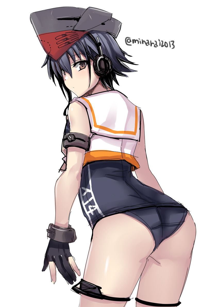 1girl ass asymmetrical_hair bangs black_gloves black_hair brown_eyes from_behind gloves head_tilt headgear headphones i-14_(kancolle) kantai_collection looking_at_viewer minarai one-piece_swimsuit partially_fingerless_gloves sailor_collar short_hair simple_background sleeveless solo swimsuit swimsuit_under_clothes twitter_username white_background white_sailor_collar