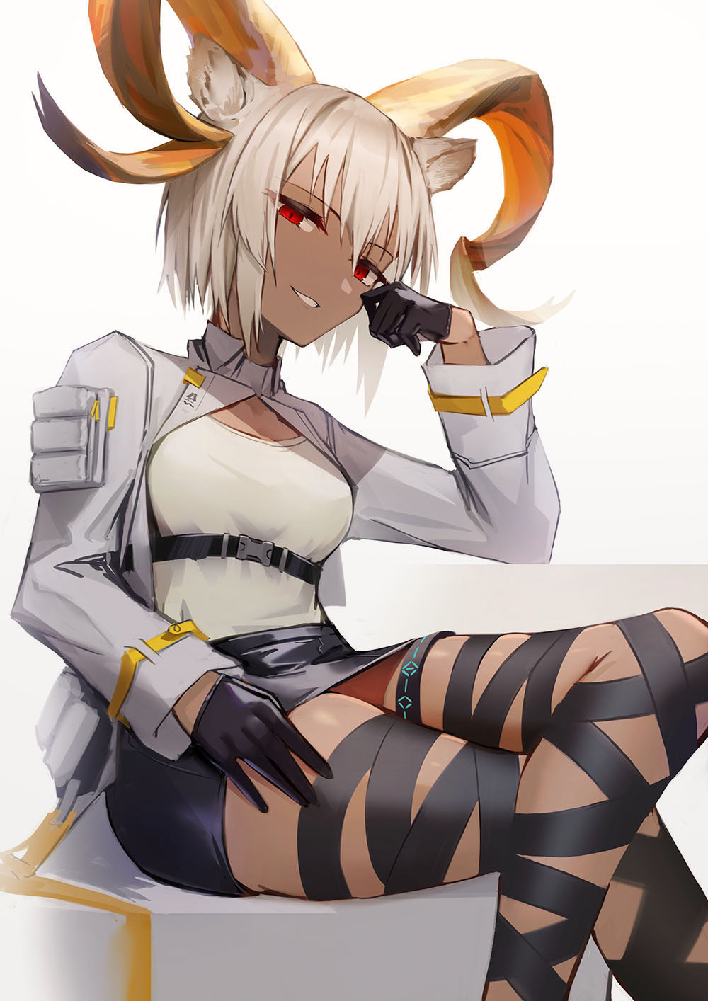 1girl animal_ears arknights bangs black_gloves black_ribbon black_skirt breasts carnelian_(arknights) commentary_request crossed_legs dark_skin feet_out_of_frame gloves grey_jacket grin hand_up highres horns infection_monitor_(arknights) jacket leg_ribbon lodbyy looking_at_viewer medium_breasts miniskirt open_clothes open_jacket pencil_skirt red_eyes ribbon shirt short_hair silver_hair simple_background sitting skirt smile solo thighs white_background white_shirt