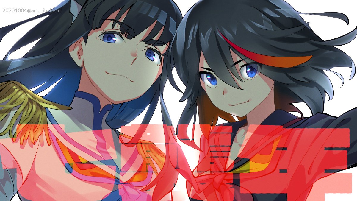 2girls anniversary ariorihaberi black_blouse black_hair black_sailor_collar blouse blue_eyes closed_mouth commentary_request dated epaulettes high_collar jacket junketsu kill_la_kill kiryuuin_satsuki long_hair looking_at_viewer matoi_ryuuko medium_hair multicolored_hair multiple_girls neckerchief redhead sailor_collar senketsu side-by-side smile straight_hair streaked_hair translation_request twitter_username white_jacket wind