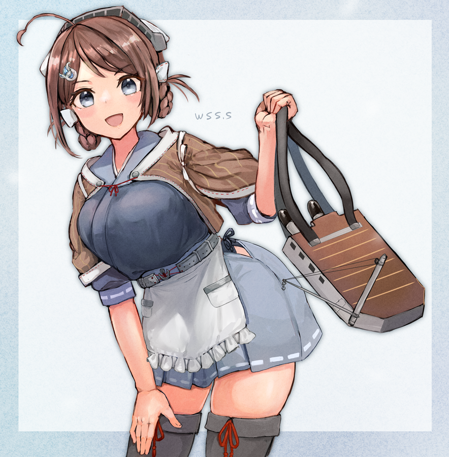 1girl ahoge artist_name blue_eyes blue_sailor_collar blush breasts brown_hair brown_shawl chougei_(kancolle) cowboy_shot eyebrows_visible_through_hair grey_skirt hair_ornament holding kantai_collection large_breasts open_mouth pleated_skirt sailor_collar shawl short_hair signature skirt smile solo torpedo wss_(nicoseiga19993411)