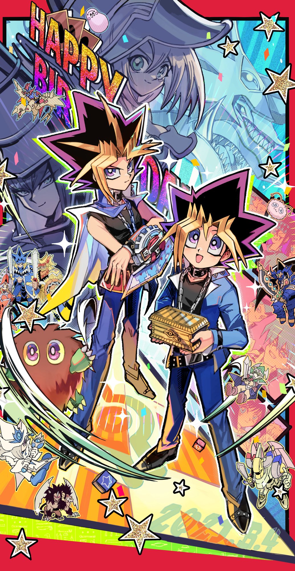 :d bangs black_hair blonde_hair blue_jacket blue_pants bright_pupils celtic_guardian character_request commentary_request dark_magician dark_magician_girl dated duel_disk hair_between_eyes happy_birthday highres holding honda_hiroto jack's_knight jacket jounouchi_katsuya kaiba_seto king's_knight_(yu-gi-oh!) kuriboh long_sleeves looking_at_viewer looking_up marshmallon mutou_yuugi open_clothes open_jacket open_mouth otogi_ryuuji pants purple_hair queen's_knight school_uniform shi_(shooo_ttt) shirt shoes smile sparkle standing star_(symbol) tongue violet_eyes white_pupils yami_yuugi yu-gi-oh! yu-gi-oh!_duel_monsters