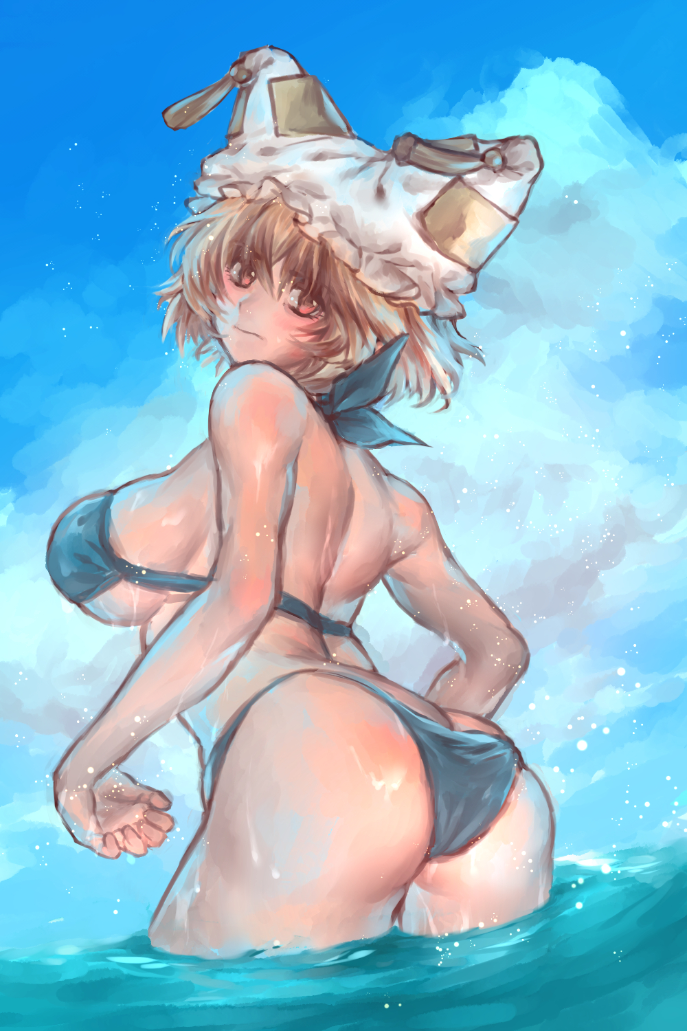 1girl animal_ears ass bad_hand blonde_hair breasts butt_crack day dutch_angle fox_ears fox_tail from_behind hat highres large_breasts looking_at_viewer looking_back masanaga_(tsukasa) multiple_tails outdoors partially_submerged pillow_hat pink_eyes short_hair sky solo tail touhou water yakumo_ran