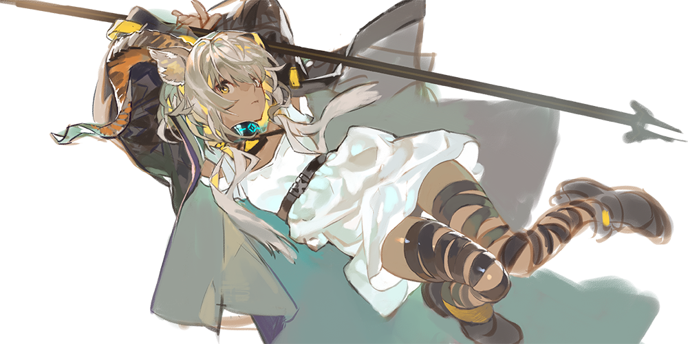 1girl animal_ears arknights arms_up beeswax_(arknights) black_collar black_footwear black_jacket boots collar dark-skinned_female dark_skin dress full_body goat_ears goat_girl goat_horns holding holding_staff horns infection_monitor_(arknights) jacket long_hair open_clothes open_jacket qiqu solo staff thigh_strap white_background white_dress white_hair yellow_eyes