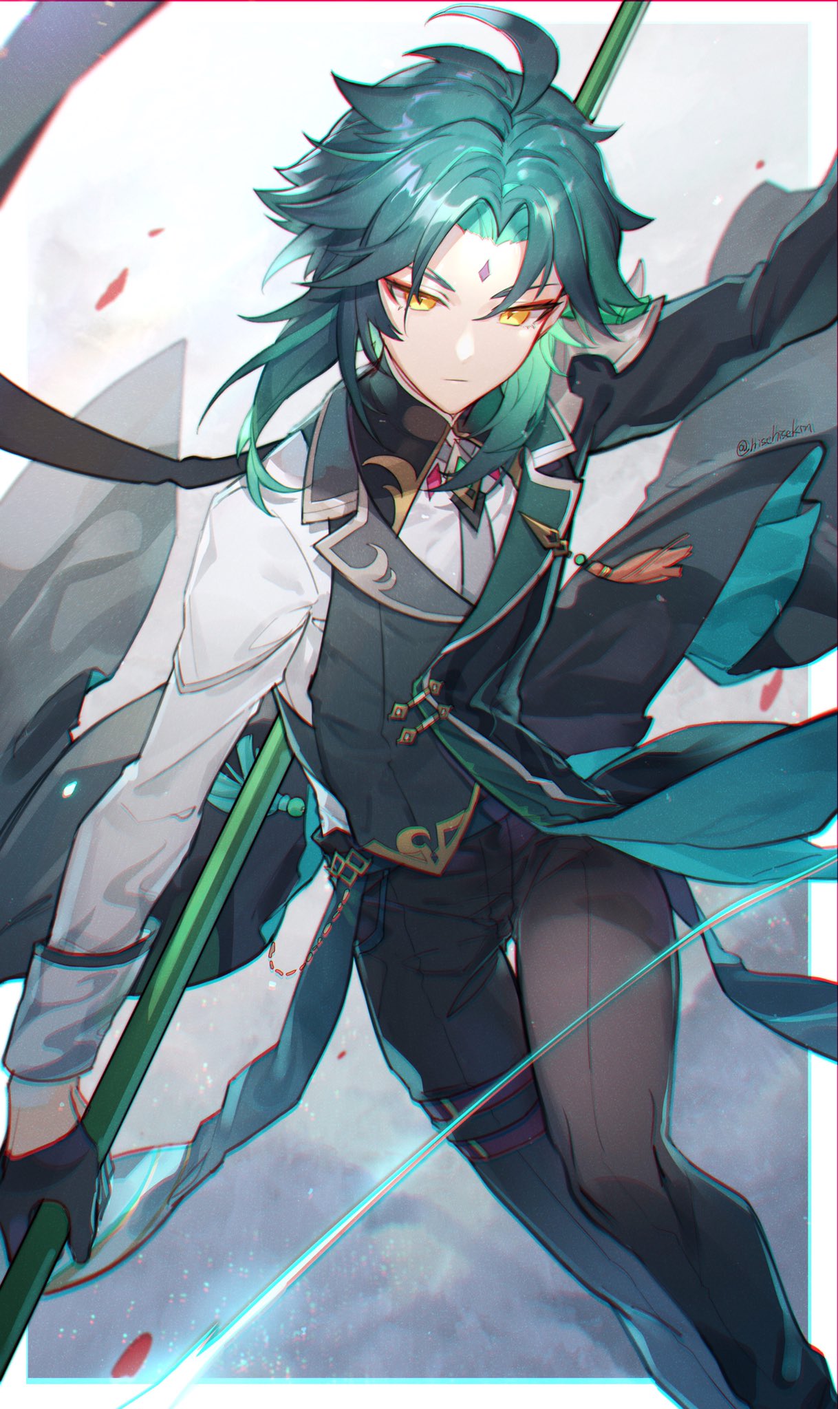 1boy ahoge alternate_costume aqua_hair black_gloves black_pants closed_mouth facial_mark forehead_mark genshin_impact gloves green_hair highres hisehisekin holding holding_spear holding_weapon long_sleeves male_focus multicolored_hair necktie pants polearm shirt simple_background solo spear tassel vest weapon white_shirt xiao_(genshin_impact) yellow_eyes