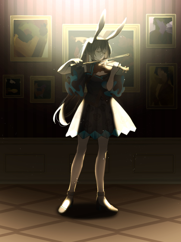 1girl amiya_(arknights) animal_ears arknights black_dress blue_dress closed_mouth detached_sleeves dress floral_print halter_dress halterneck high_heels holding holding_instrument indoors instrument music painting_(object) playing_instrument rabbit_ears solo standing teiuyou violin