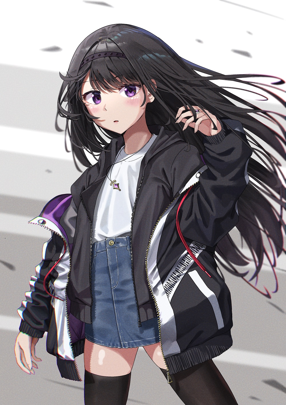 1girl akemi_homura black_hair black_hairband black_jacket black_legwear blush casual commentary denim denim_skirt eyebrows_visible_through_hair hairband hand_in_hair highres jacket jewelry long_hair looking_at_viewer mahou_shoujo_madoka_magica necklace noeru parted_lips ring shirt skirt solo thigh-highs violet_eyes white_shirt