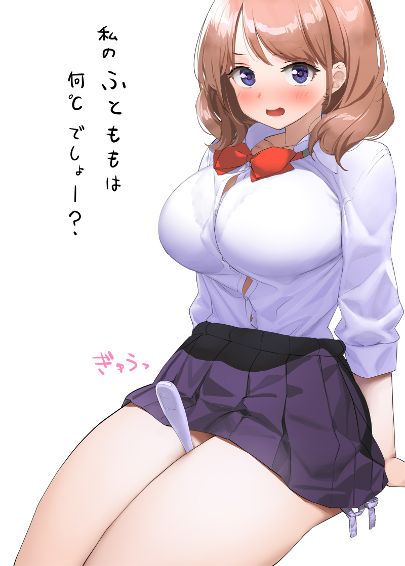 1girl between_thighs blue_eyes bow bowtie breasts brown_hair button_gap kaisen_chuui large_breasts looking_at_viewer original panties pleated_skirt purple_skirt raglan_sleeves red_neckwear school_uniform shirt short_hair side-tie_panties simple_background sitting skirt solo thermometer thighs translation_request underwear white_background white_shirt