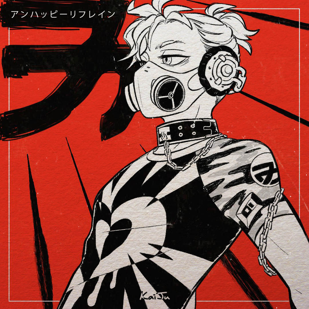 1boy bad_boy_(module) bags_under_eyes chain collar expressionless gas_mask greyscale half-closed_eyes headphones heart heart_print kagamine_len mochidayo_(kaiju) monochrome project_diva_(series) red_background serious shirt short_ponytail solo tight tight_shirt unhappy_refrain_(vocaloid) vocaloid