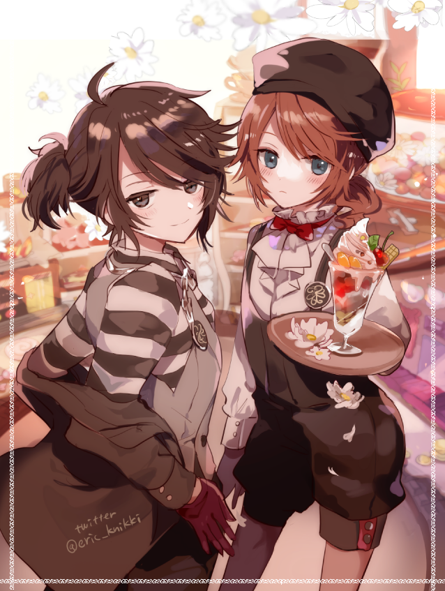 2boys ahoge alternate_costume black_eyes blue_eyes blush bow bowtie brooch brown_hair cherry coat coat_on_shoulders edgar_valden eric_knikki flower food fruit gloves hat identity_v indoors jewelry long_sleeves looking_at_viewer luca_balsa male_focus messy_hair multiple_boys parfait petals ponytail red_gloves red_neckwear shelf shirt shorts spoon striped striped_shirt suspender_shorts suspenders tray twitter_username vest wafer_stick whipped_cream white_flower