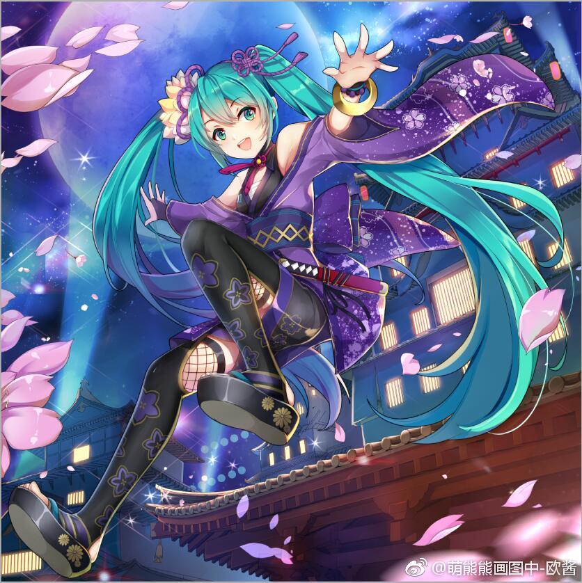 1girl :d bangs black_legwear black_skirt blue_hair bracelet bridal_gauntlets cherry_blossoms eyebrows_visible_through_hair floating_hair flower full_body full_moon green_eyes hair_between_eyes hair_ribbon hatsune_miku japanese_clothes jewelry k12io kimono long_hair long_sleeves looking_at_viewer miniskirt moon off-shoulder_kimono open_mouth outstretched_arms petals pink_flower purple_kimono purple_ribbon ribbon shiny shiny_hair skirt smile solo sparkle thigh-highs twintails very_long_hair vocaloid watermark wide_sleeves