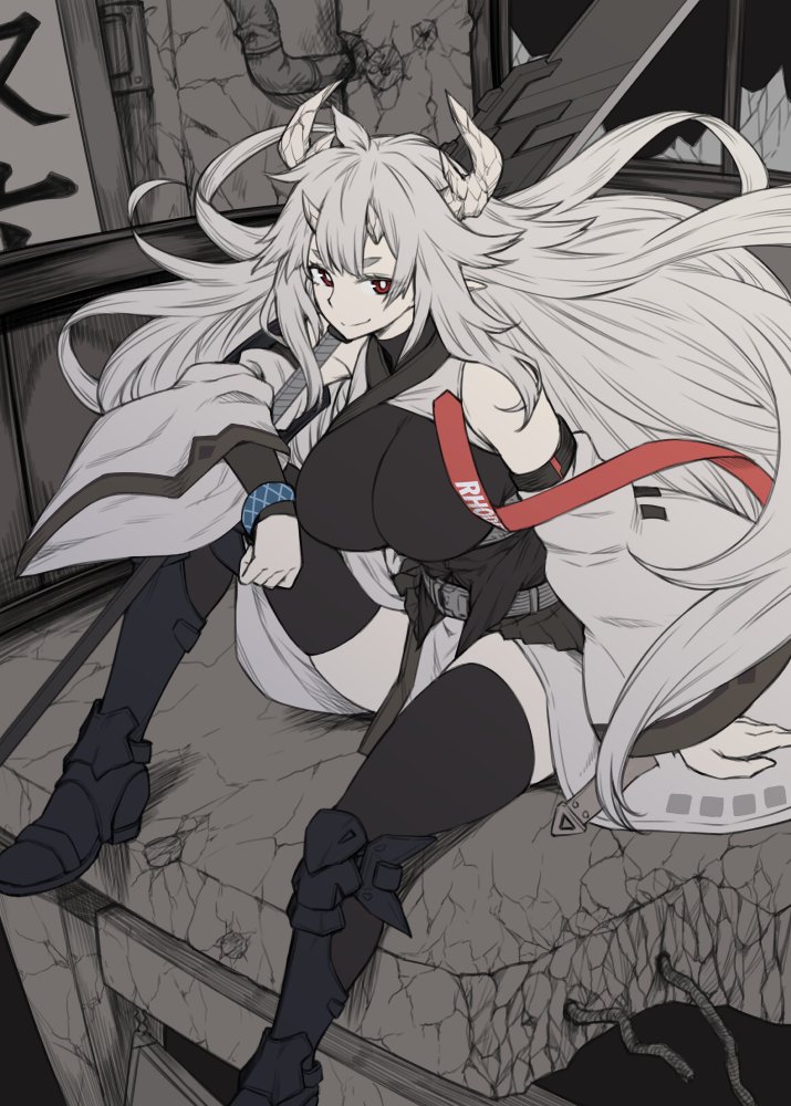 1girl boots breasts bright_pupils closed_mouth copyright_request elbow_on_knee floating_hair grey_hair hiroya_juuren horns knee_boots large_breasts long_hair long_sleeves looking_at_viewer metal_boots multiple_horns muted_color pelvic_curtain red_eyes ruins sitting smile solo spot_color thigh-highs very_long_hair white_pupils