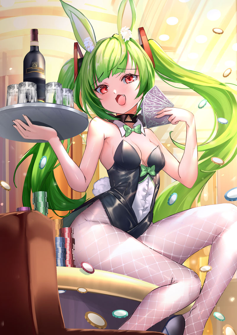 1girl :d animal_ear_fluff animal_ears bangs bare_shoulders black_leotard blush bottle breasts card commentary cup delutaya eyebrows_visible_through_hair fang fishnet_legwear fishnets fuyouchu green_hair holding holding_card holding_tray indie_virtual_youtuber indoors leotard long_hair looking_at_viewer medium_breasts open_mouth pantyhose playboy_bunny poker_chip rabbit_ears red_eyes sitting smile solo strapless strapless_leotard tray twintails very_long_hair virtual_youtuber white_legwear