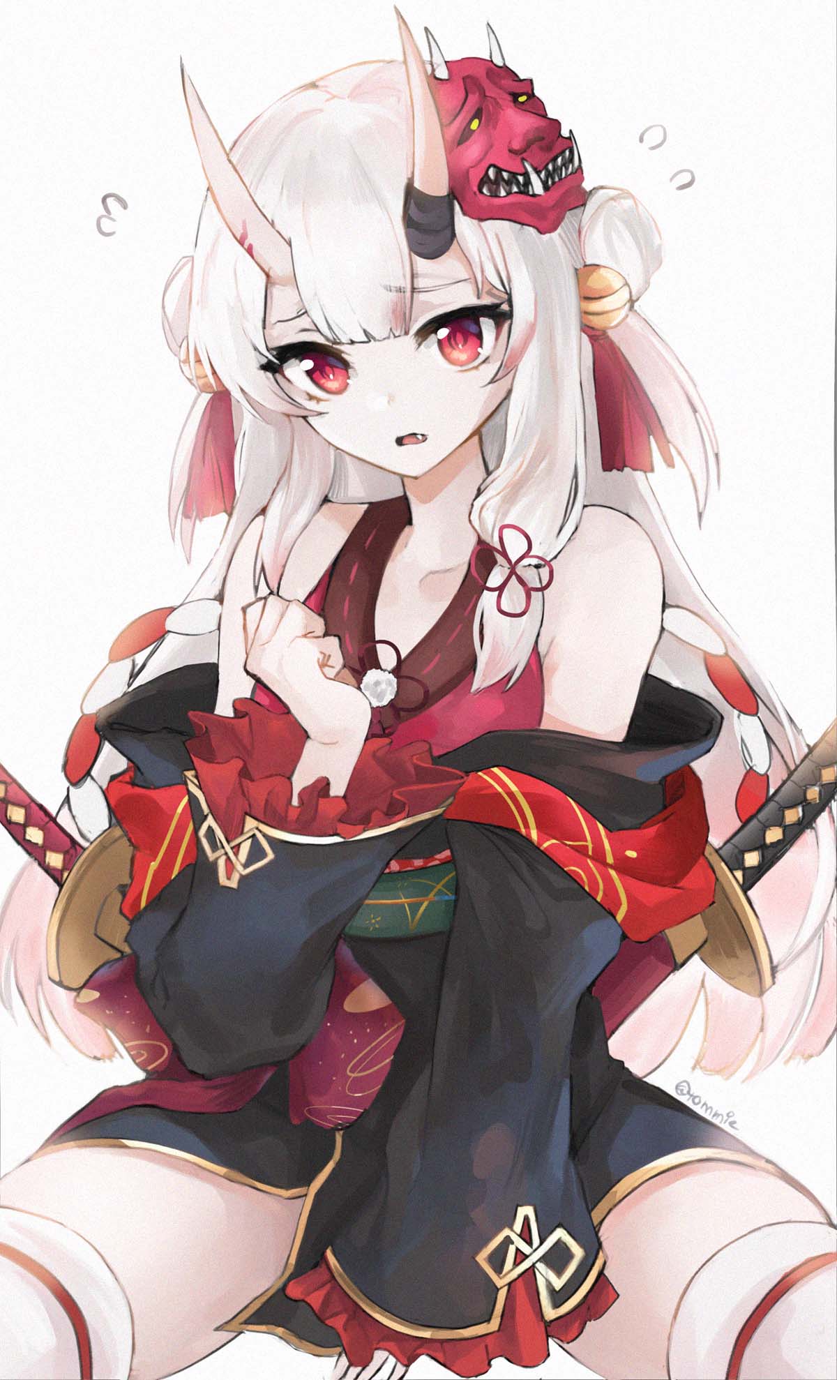 1girl bangs bare_shoulders black_kimono fang flying_sweatdrops highres hololive horns japanese_clothes katana kimono long_sleeves mask mask_on_head nakiri_ayame off-shoulder_kimono oni_horns oni_mask sheath sheathed short_kimono sitting solo sword thigh-highs tommy_(kingdukeee) twitter_username virtual_youtuber weapon white_hair