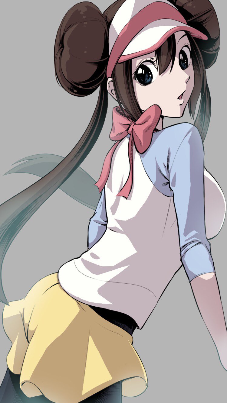 1girl bangs black_legwear blue_eyes bow breasts brown_hair commentary double_bun eyelashes floating_hair highres legwear_under_shorts long_hair pantyhose pink_bow pokemon pokemon_(game) pokemon_bw2 raglan_sleeves rosa_(pokemon) shirt short_shorts shorts solo twintails visor_cap yellow_shorts yuro_(mangasukinoyuro)