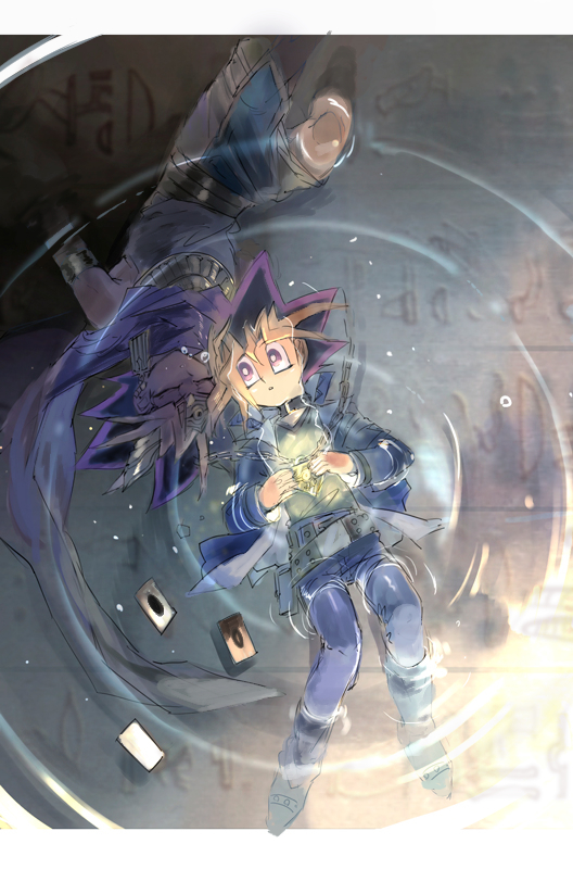 2boys afloat atem belt black_hair blonde_hair blue_jacket blue_pants bright_pupils card glowing hieroglyphics holding jacket letterboxed long_sleeves looking_to_the_side male_focus millennium_puzzle multiple_boys mutou_yuugi open_clothes open_jacket pants purple_hair ripples school_uniform shi_(shooo_ttt) shirt spiky_hair violet_eyes water white_pupils yu-gi-oh! yu-gi-oh!_duel_monsters