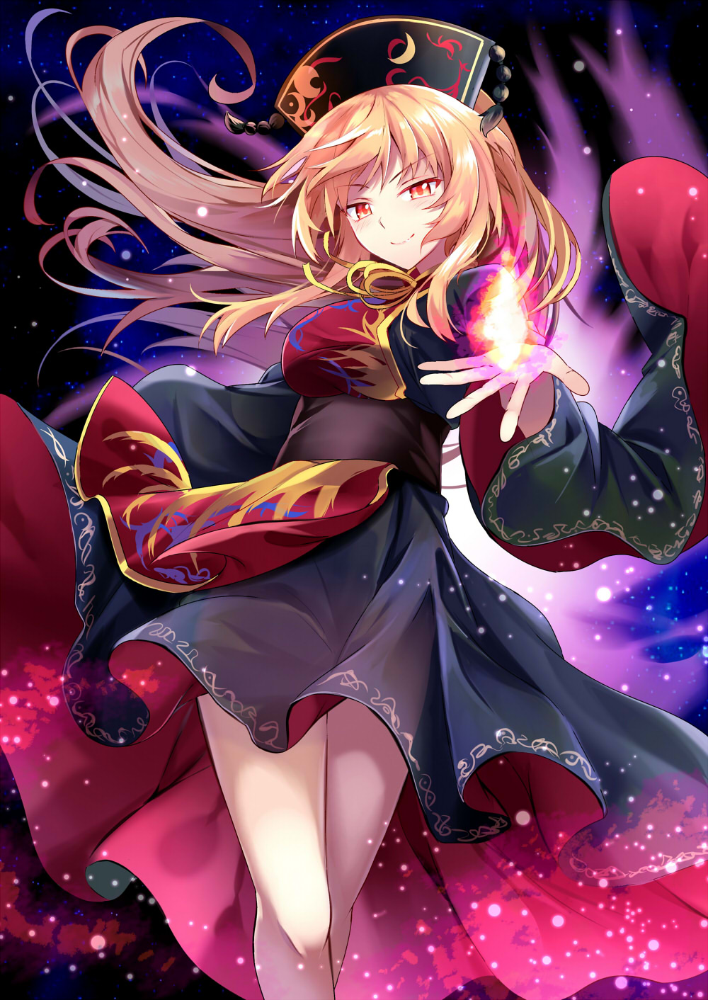 1girl bangs black_dress closed_mouth contrapposto dress duplicate e.o. eyebrows_visible_through_hair feet_out_of_frame headdress highres junko_(touhou) junko_day light_particles long_hair long_sleeves looking_at_viewer orange_eyes orange_hair pixel-perfect_duplicate smile solo standing tabard touhou v-shaped_eyebrows wide_sleeves
