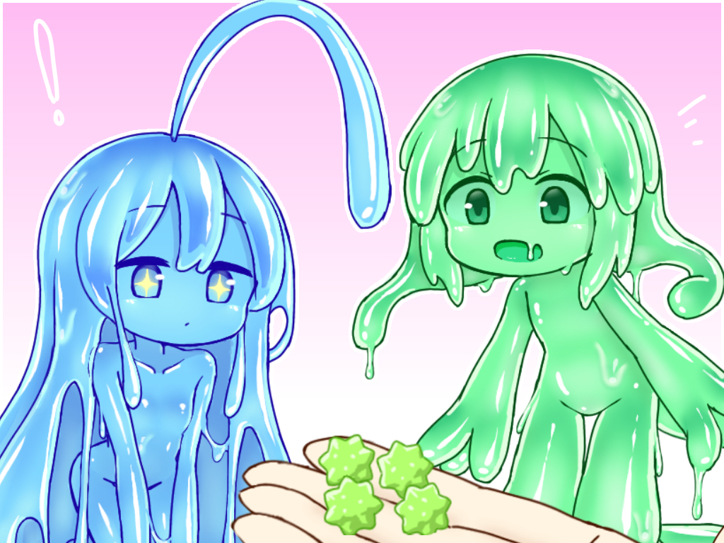 ! +_+ 1other 2girls :d ahoge blue_eyes blue_hair blue_sclera blue_skin candy closed_mouth colored_sclera colored_skin completely_nude curss fang fewer_digits food green_eyes green_hair green_sclera green_skin konpeitou medium_hair minigirl monster_girl multiple_girls nude open_mouth original skin_fang slime_girl smile tenori_(curss)