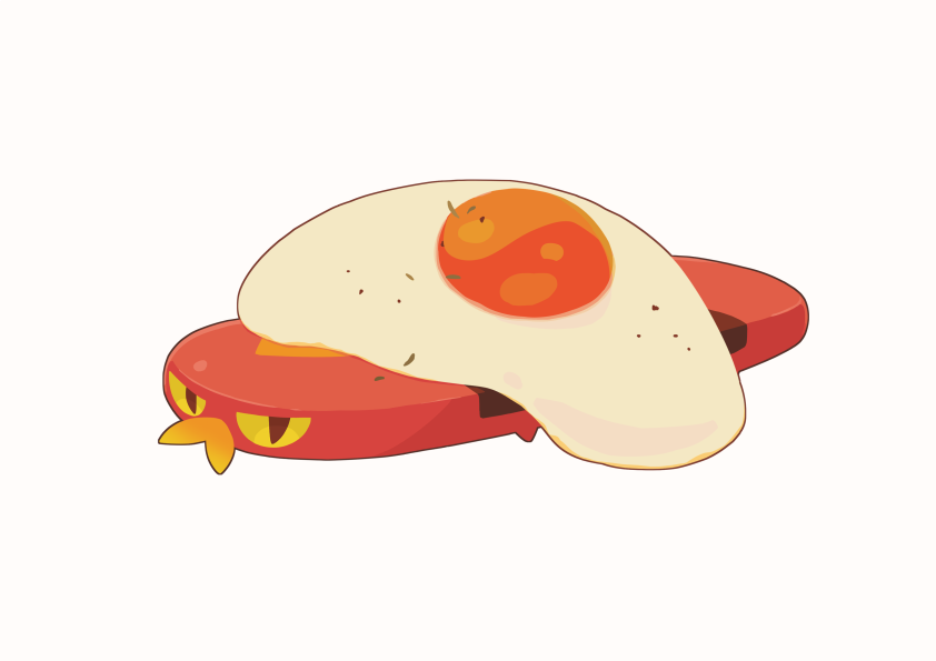 commentary_request food fried_egg gen_8_pokemon looking_at_viewer no_humans pokemon pokemon_(creature) red_eyes shuu_(ssyuu721) simple_background sizzlipede solo sunny_side_up_egg white_background