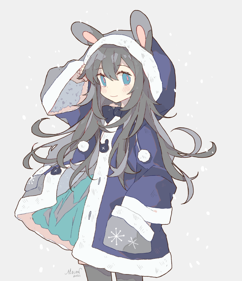 1girl 2021 animal_ears artist_name black_hair blue_coat blue_eyes blue_neckwear bow bowtie coat commentary cowboy_shot english_commentary fur-trimmed_coat fur-trimmed_hood fur-trimmed_sleeves fur_trim grey_background grey_legwear hair_between_eyes hand_in_pocket hand_on_own_face hand_up hood hood_up long_hair looking_at_viewer melanbread original pom_pom_(clothes) rabbit_ears snowing solo unbuttoned