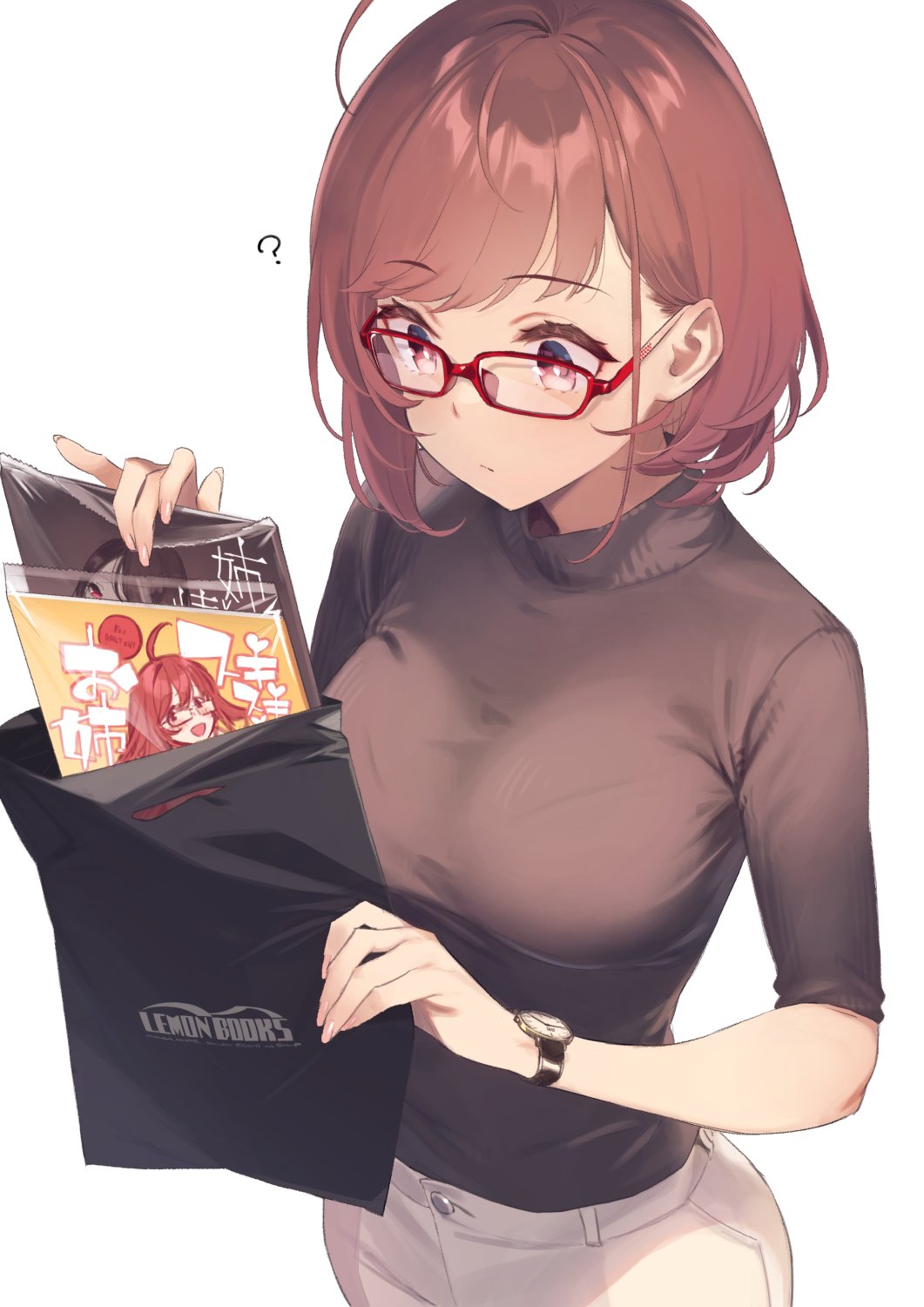 1girl 92m ? ahoge bag bangs bra_through_clothes brand_name_imitation breasts brown_eyes brown_hair brown_sweater closed_mouth commentary_request denim eyebrows_visible_through_hair glasses highres holding holding_bag jeans large_breasts manga_(object) original pants plastic_bag short_hair sleeves_rolled_up solo sweater swept_bangs turtleneck turtleneck_sweater watch watch white_background white_pants