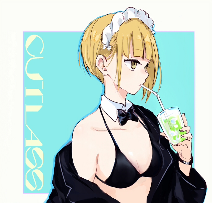 1girl aqua_background bangs bikini bikini_under_clothes black_bikini black_jacket black_neckwear blonde_hair blunt_bangs bob_cut bow bowtie breasts character_name closed_mouth collar commentary cup cutlass_(girls_und_panzer) detached_collar drinking_glass drinking_straw eyebrows_visible_through_hair girls_und_panzer half-closed_eyes holding holding_cup jacket looking_to_the_side maid_headdress medium_breasts off_shoulder outside_border short_hair solo swimsuit upper_body watch watch white_collar wing_collar yellow_eyes yuuyu_(777)