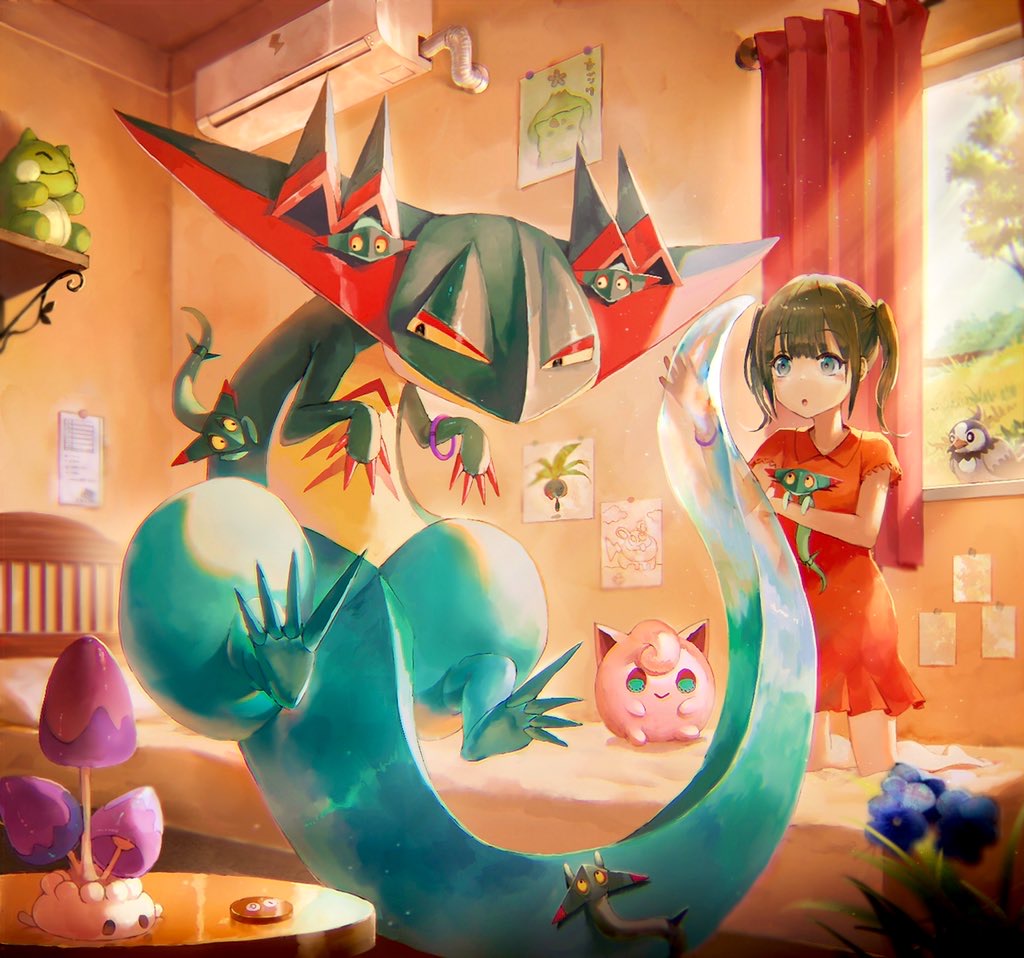 1girl bangs barefoot bed bracelet brown_hair bulbasaur collared_dress commentary_request curtains dragapult dreepy dress gen_1_pokemon gen_4_pokemon gen_7_pokemon gen_8_pokemon holding holding_pokemon indoors jewelry jigglypuff kneeling morelull nagakura_(seven_walkers) on_bed orange_dress pillow pokemon pokemon_(creature) shelf shiny short_sleeves starly substitute_(pokemon) table window