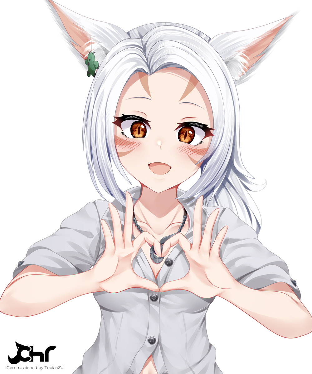 1girl :d animal_ear_fluff animal_ears bangs blush breasts brown_eyes cat_ears chrisandita collarbone collared_shirt commentary commission dress_shirt ear_piercing facial_mark final_fantasy final_fantasy_xiv forehead hands_up heart heart_hands highres miqo'te open_mouth parted_bangs piercing sabotender shirt short_sleeves simple_background small_breasts smile solo upper_body whisker_markings white_background white_hair white_shirt