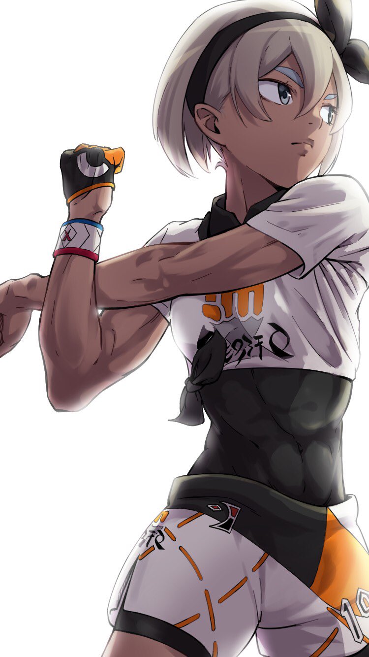 1girl bangs bea_(pokemon) black_bodysuit black_hairband bodysuit bodysuit_under_clothes bow_hairband breasts closed_mouth collared_shirt commentary covered_abs covered_navel dark-skinned_female dark_skin dynamax_band from_below gloves grey_eyes grey_hair gym_leader hair_between_eyes hairband highres number pokemon pokemon_(game) pokemon_swsh print_shirt print_shorts shirt short_hair short_sleeves shorts side_slit side_slit_shorts single_glove solo stretch toned yuro_(mangasukinoyuro)