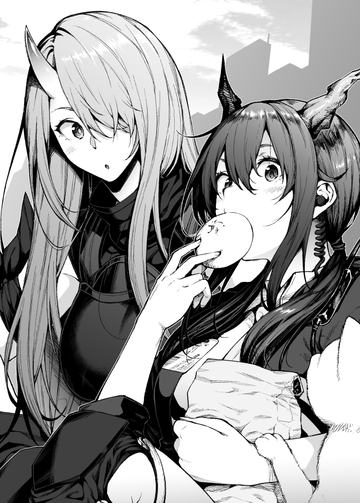 2girls arknights baozi blush cat ch'en_(arknights) eating food greyscale hair_between_eyes hair_over_one_eye hair_over_shoulder hiroya_juuren horns hoshiguma_(arknights) long_hair monochrome multiple_girls one_eye_covered outdoors parted_lips single_horn twintails