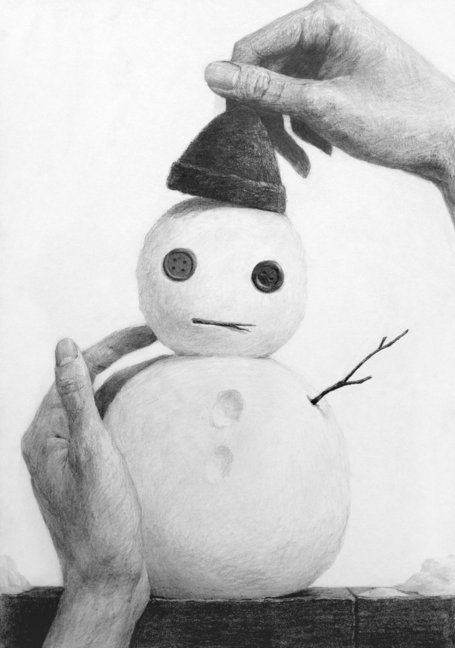 button_eyes crafting fingernails graphite_(medium) hands hat holding holding_clothes holding_hat monochrome noske original simple_background snow snowman stick traditional_media white_background