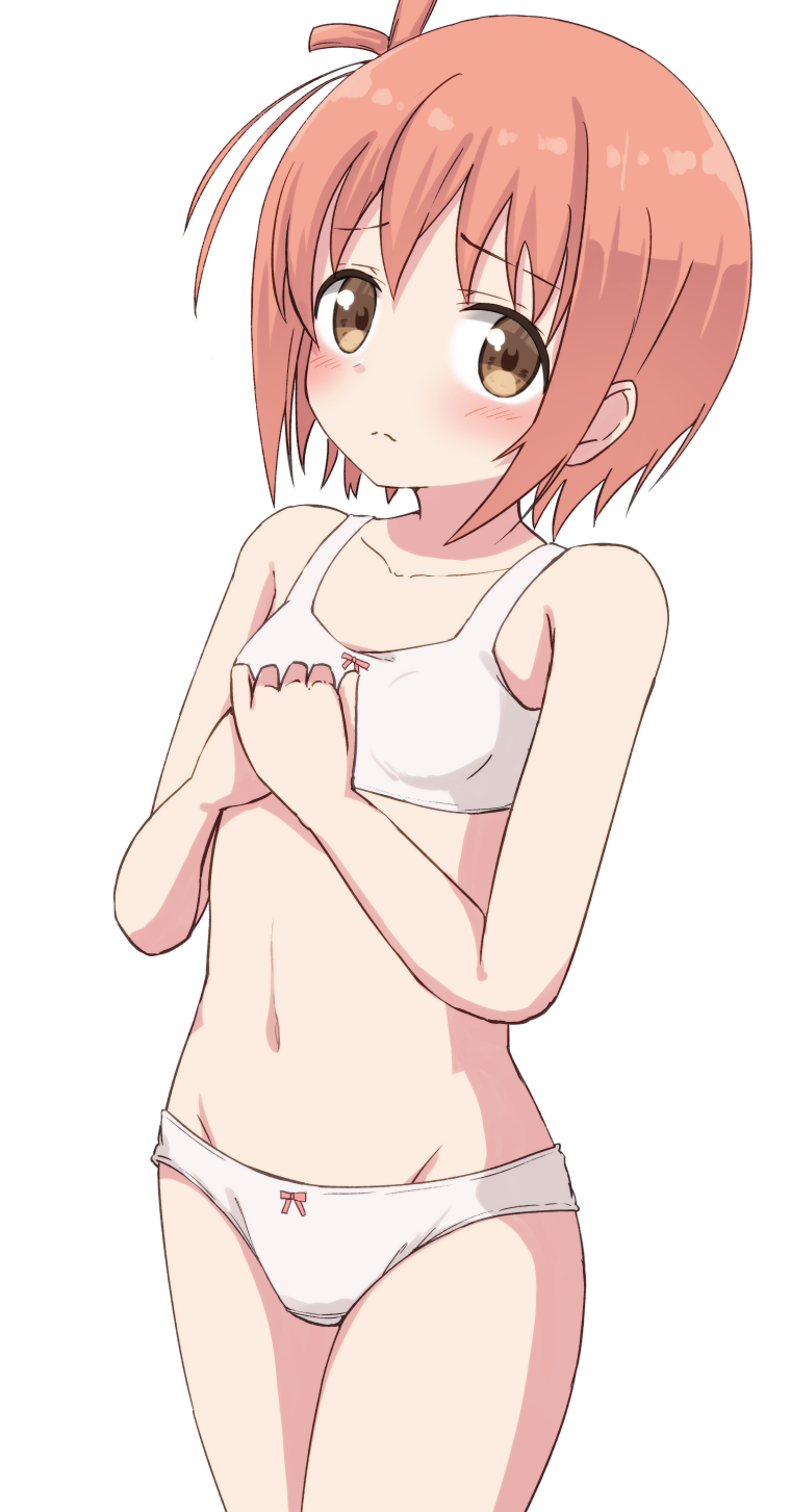 1girl bangs bare_arms bare_shoulders blush bow bow_bra bow_panties bra breasts brown_eyes brown_hair closed_mouth collarbone eyebrows_visible_through_hair groin hands_together hands_up highres hippo_(hirople) ichinose_hana looking_at_viewer navel own_hands_together panties simple_background slow_start small_breasts solo underwear underwear_only white_background white_bra white_panties