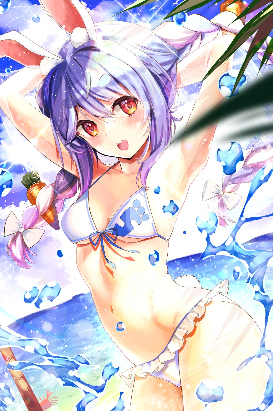 1girl alternate_hair_color animal_ears arms_behind_head bikini blue_hair bow breasts bunny_tail contrapposto cowboy_shot crab eyebrows_visible_through_hair frilled_bikini frills front-tie_bikini front-tie_top hair_bow haruhina_purple highres hololive multicolored_hair navel ocean pink_hair rabbit_ears rabbit_girl small_breasts solo swimsuit tail thick_eyebrows two-tone_hair usada_pekora virtual_youtuber water