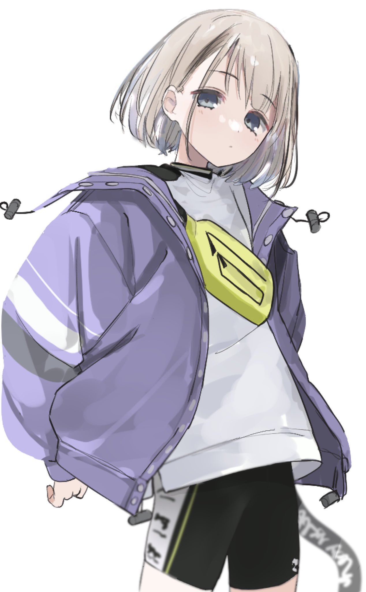 1girl bangs black_shorts blue_eyes blush brown_hair closed_mouth eyebrows_visible_through_hair fanny_pack highres idolmaster idolmaster_shiny_colors jacket long_sleeves looking_at_viewer open_clothes open_jacket puffy_long_sleeves puffy_sleeves purple_jacket serizawa_asahi shirt shiwa_(siwaa0419) short_hair short_shorts shorts simple_background solo white_background white_shirt