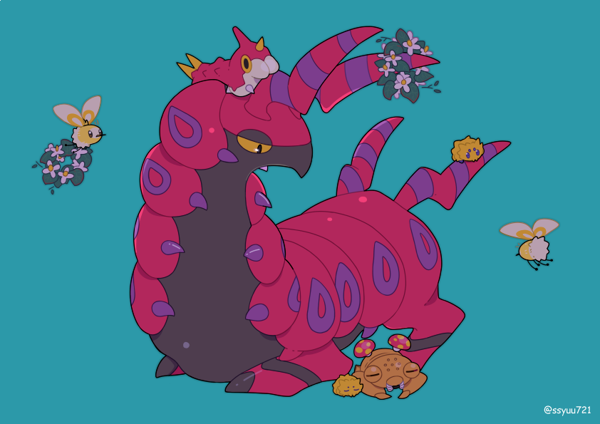 aqua_background closed_eyes commentary_request cutiefly flying gen_1_pokemon gen_3_pokemon gen_5_pokemon gen_7_pokemon half-closed_eyes joltik looking_down lying on_head on_stomach paras pokemon pokemon_(creature) pokemon_on_head scolipede shuu_(ssyuu721) simple_background sleeping twitter_username wreath wurmple