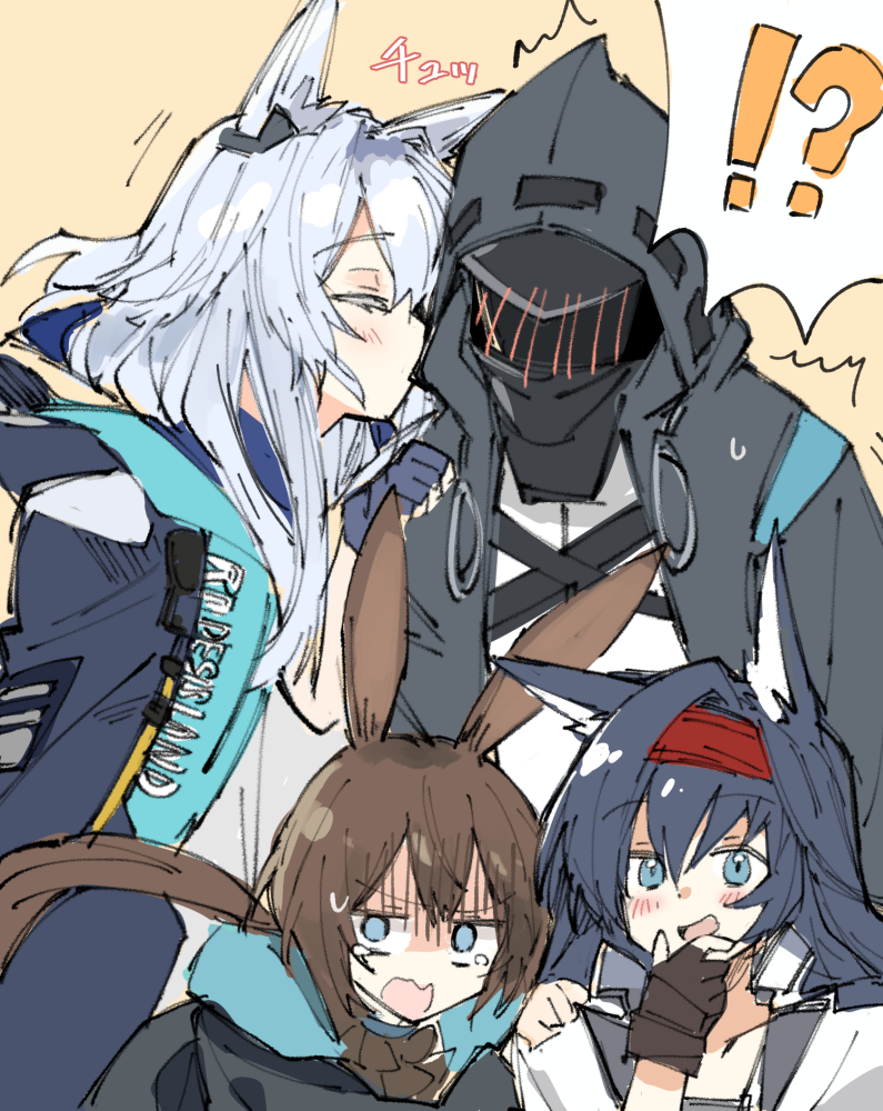 !? 3girls ambiguous_gender amiya_(arknights) animal_ear_fluff animal_ears arknights black_gloves black_hair black_jacket blaze_(arknights) blue_eyes blue_gloves blush brown_hair cat_ears cheek_kiss closed_eyes doctor_(arknights) dress earpiece exion_(neon) fingerless_gloves gloves hair_between_eyes hairband hood hood_up jacket kiss long_hair mask multiple_girls open_mouth ponytail rabbit_ears red_hairband rosmontis_(arknights) shirt white_dress white_hair white_shirt yellow_background