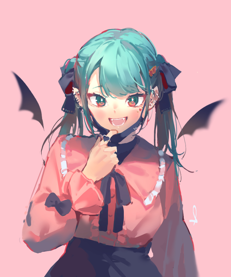 1girl aqua_eyes aqua_hair bangs black_bow black_neckwear black_ribbon black_skirt blurry blush bow commentary_request ear_piercing eyebrows_behind_hair fangs hair_ornament hair_ribbon hatsune_miku heart_ring long_hair long_sleeves looking_at_viewer mask mask_pull mini_wings mouth_mask necktie open_mouth piercing pink_background pink_sweater ribbon shijohane simple_background skirt smile solo sweater twintails upper_body vocaloid wings