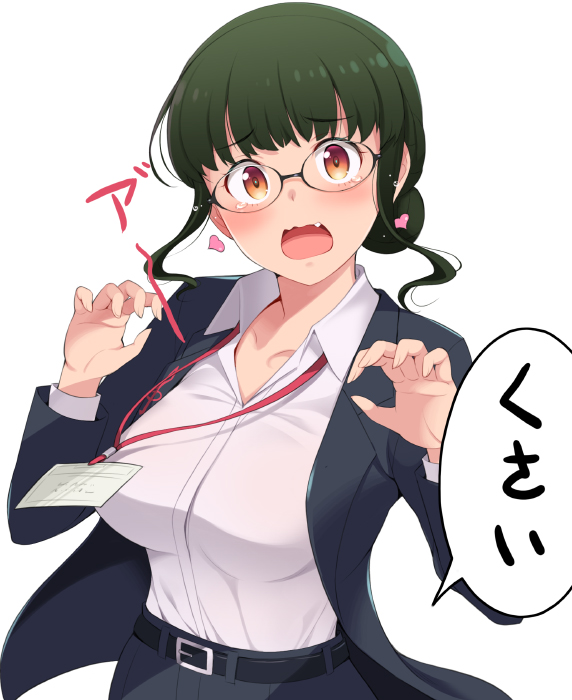 1girl anosillus_ii belt blush breasts brown_eyes fang formal green_hair gridman_universe hands_up heart honda_naoki id_card lanyard large_breasts looking_at_viewer office_lady pose shirt solo speech_bubble ssss.dynazenon standing suit tears treble_clef white_background white_shirt