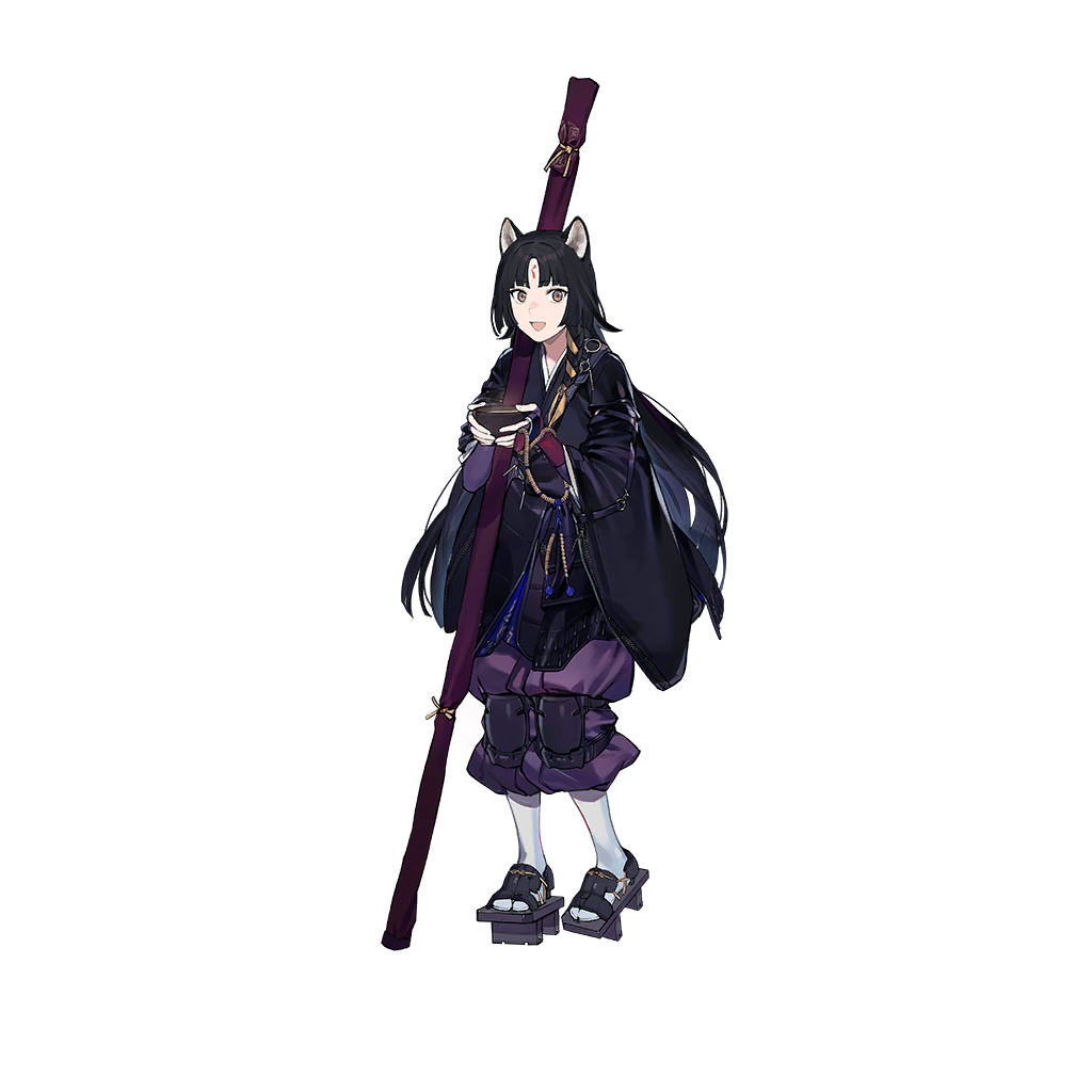 1girl :d animal_ears arknights black_hair bowl dog_ears duoyuanjun facial_mark forehead_mark full_body geta holding holding_bowl japanese_clothes kimono knee_pads long_hair looking_at_viewer official_art open_mouth purple_kimono saga_(arknights) simple_background smile socks solo standing transparent_background white_legwear yellow_eyes