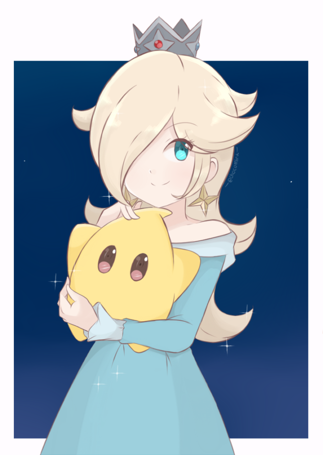 1girl aqua_dress aqua_eyes blonde_hair chocomiru closed_mouth crown dress earrings hair_over_one_eye jewelry looking_at_viewer luma_(mario) night night_sky one_eye_closed princess rosalina sky smile solo super_mario_bros. super_mario_galaxy tiara