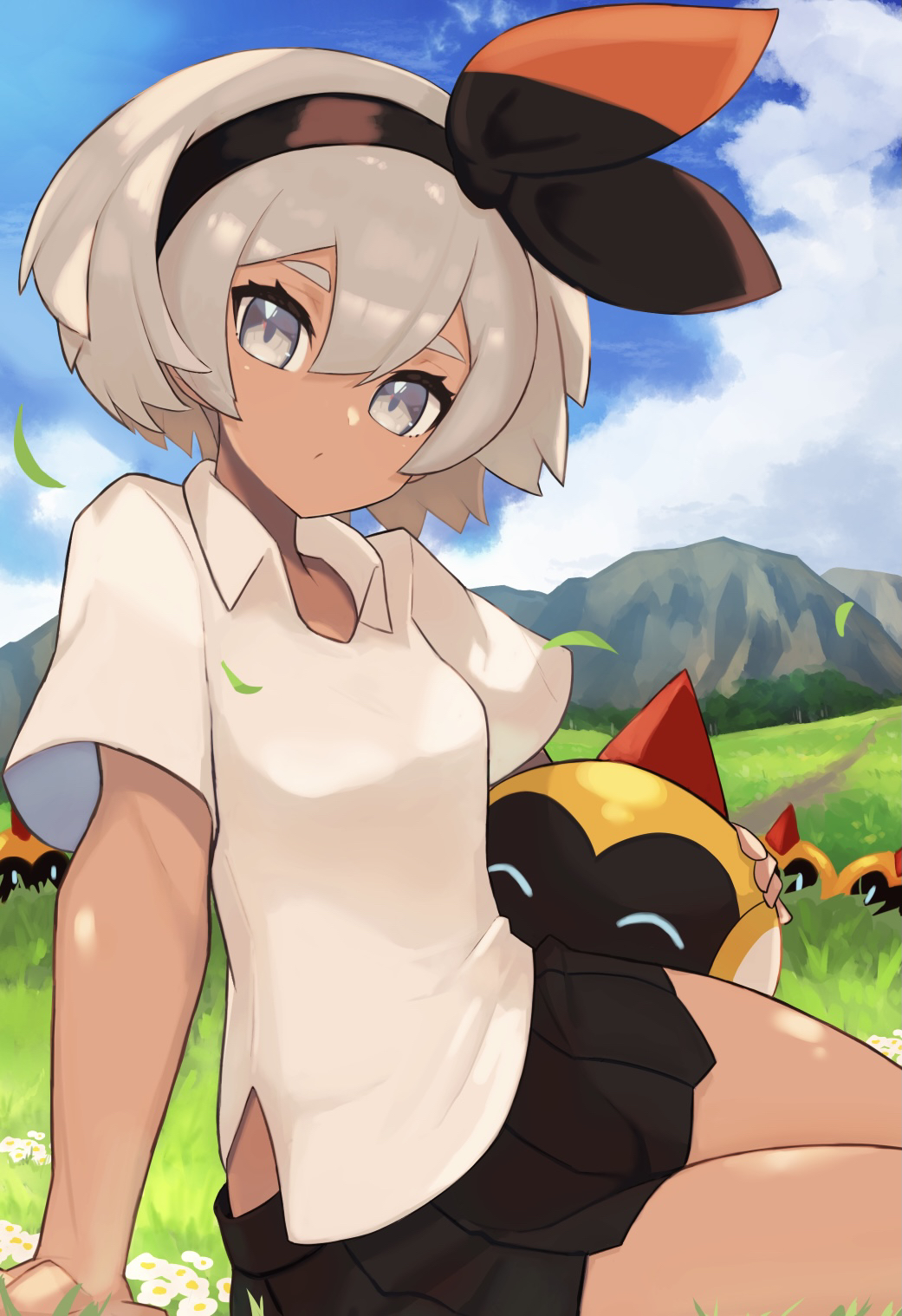 1girl arm_support bangs bea_(pokemon) black_hairband black_ribbon black_skirt blue_eyes blue_sky breasts closed_mouth clouds collared_shirt commentary_request dark-skinned_female dark_skin day falinks gen_8_pokemon grass hair_ribbon hairband highres looking_at_viewer meadow miniskirt mountain nuneno on_grass outdoors pleated_skirt pokemon pokemon_(creature) pokemon_(game) pokemon_swsh ribbon shirt short_hair short_sleeves silver_hair sitting skirt sky thighs white_shirt yokozuwari