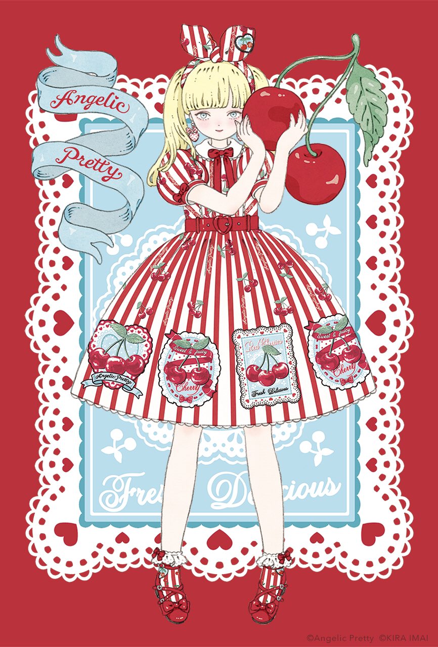 1girl ad angelic_pretty animal_ears artist_request bad_source bangs belt blonde_hair blunt_bangs bow bowtie cherry cherry_print collared_dress copyright_name dress earrings fashion food food_print frills fruit full_body graphic_dress grey_eyes hair_ribbon heart heart_earrings highres holding holding_food holding_fruit jewelry kira_imai lace lace-trimmed_legwear lace_trim light_blue_eyes lolita_fashion mary_janes oversized_object pale_skin patterned_clothing petite postcard print_dress rabbit_ears real_life red_background red_bow ribbon shoes socks solo striped striped_dress twintails