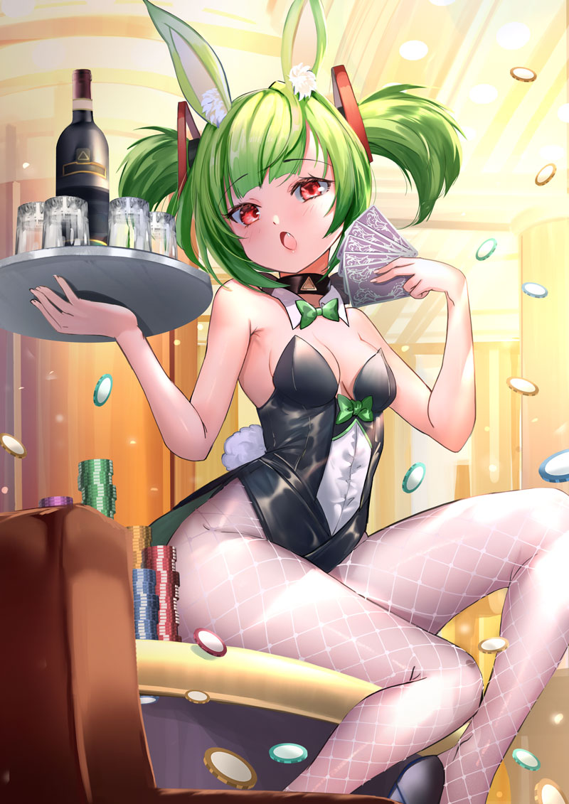 1girl :o animal_ear_fluff animal_ears bangs bare_shoulders black_leotard blush bottle breasts card commentary cup delutaya eyebrows_visible_through_hair fang fishnet_legwear fishnets fuyouchu green_hair holding holding_card holding_tray indie_virtual_youtuber indoors leotard looking_at_viewer medium_breasts medium_hair pantyhose playboy_bunny poker_chip rabbit_ears red_eyes sitting solo strapless strapless_leotard tray twintails virtual_youtuber white_legwear