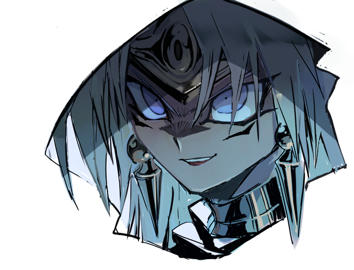 1boy bangs collar earrings jewelry male_focus open_mouth portrait shaded_face shi_(shooo_ttt) sketch smile solo tongue upper_teeth violet_eyes yami_marik yu-gi-oh! yu-gi-oh!_duel_monsters